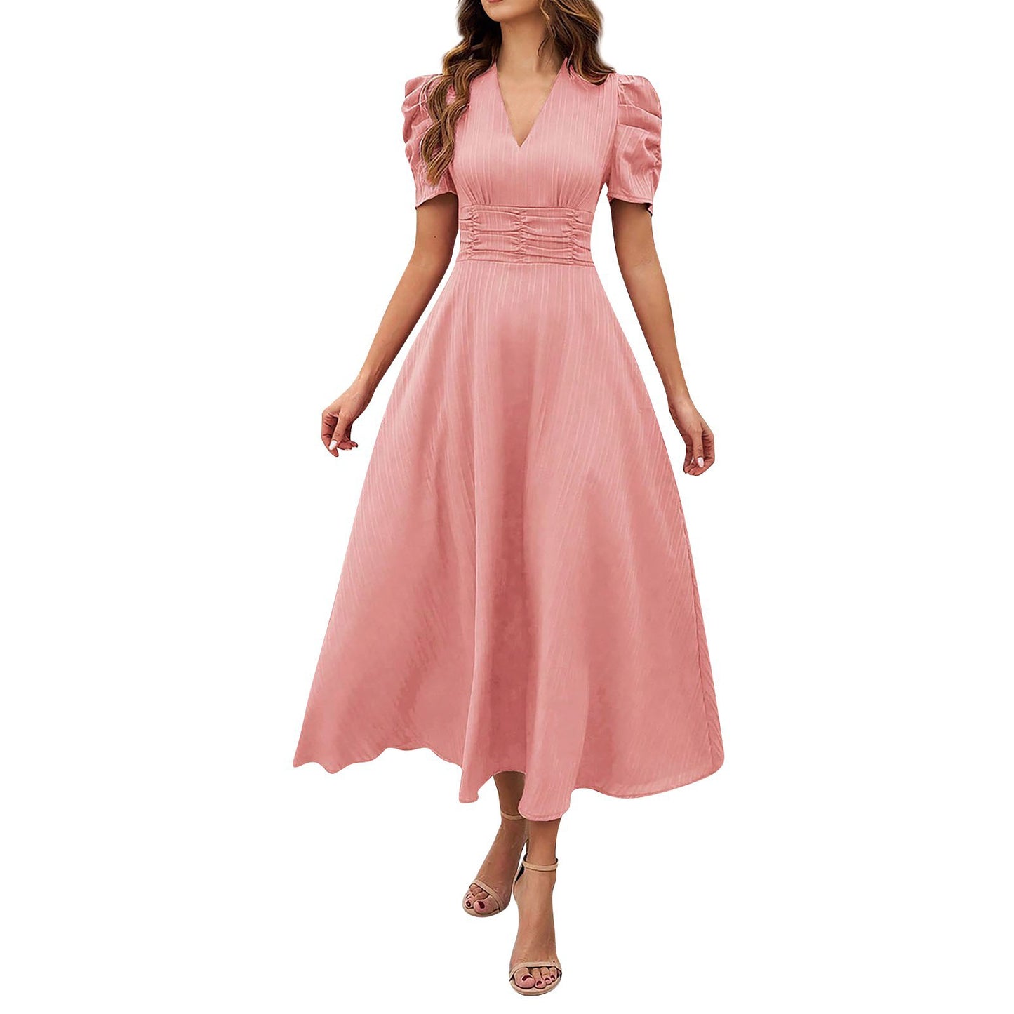 2026 Cross-Border Spring Summer Amazon Women's Fashionable And Elegant High-Waisted Solid Color Waist-Cinching Short-Sleeve Dress by DERILUJA LLC