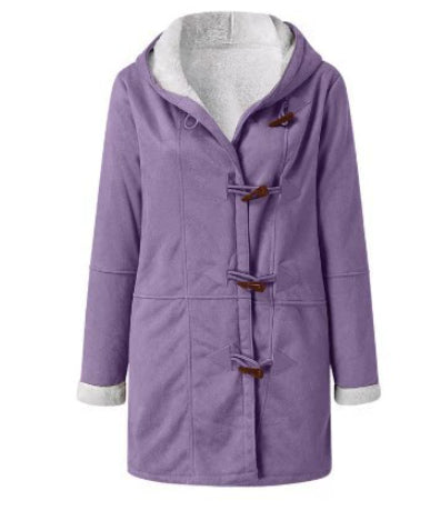 Winter Vintage Button Jackets Women's Warm Fleece Hooded Coat Casual Mid-Length Trench Top Outwear Clothing by DERILUJA LLC