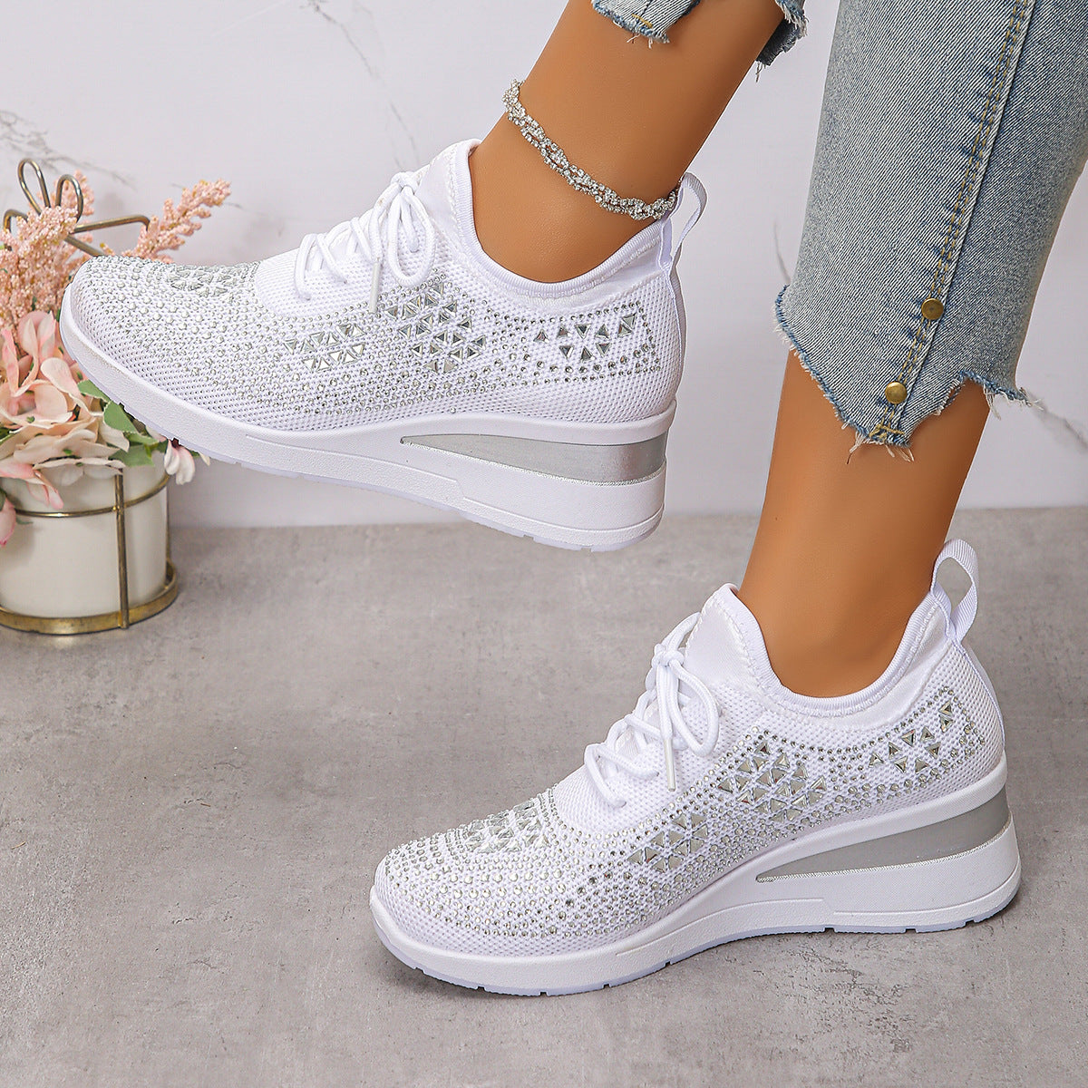Ins Rhinestone Sneakers Fashion Lace Up Wedges Casual Shoes Women's Daily Commuting Sports Shoes by My Store