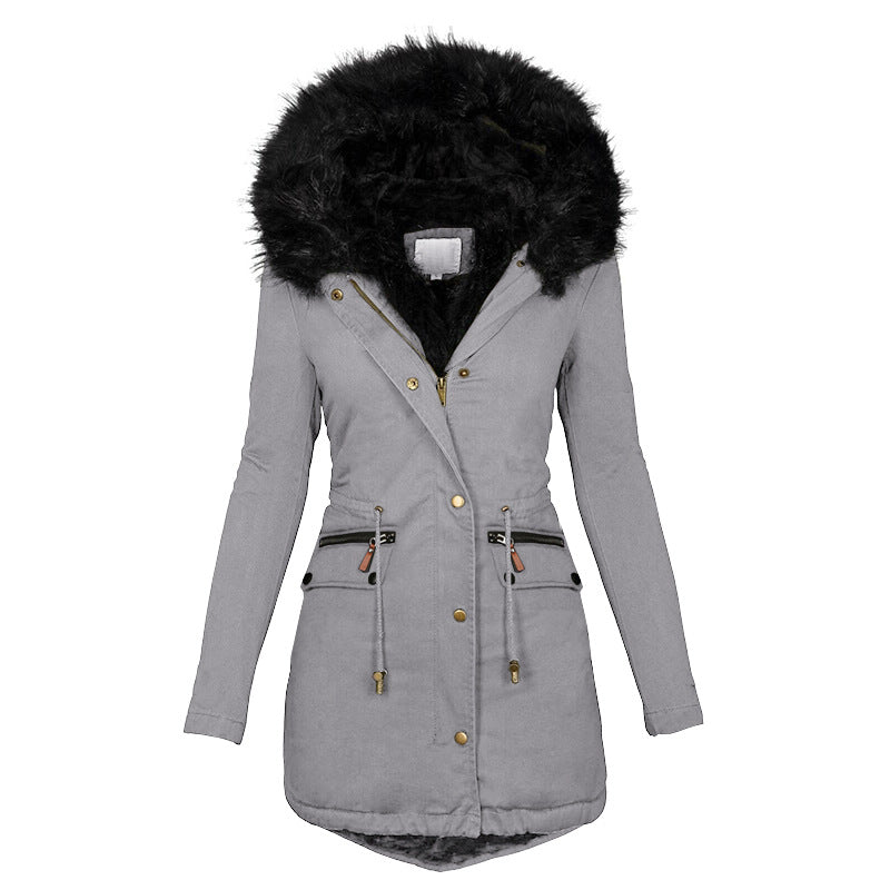Women's Plush Hooded Parkas Winter Warm Thick Zip-up Jackets Casual Mid-length Solid Buckle Pockets Coat Outerwear Clothing by DERILUJA LLC