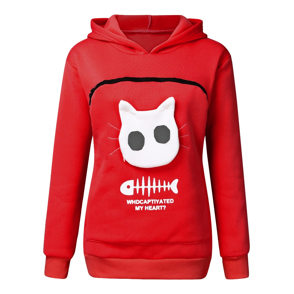 Women Hoodie Sweatshirt With Cat Pet Pocket Design Long Sleeve Sweater Cat Outfit by DERILUJA LLC