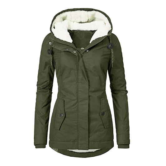 Winter Hooded Jacket Solid Color Warm Buckle Zip-up Fleece Jacket With Pockets Women's Casual Jacket by My Store