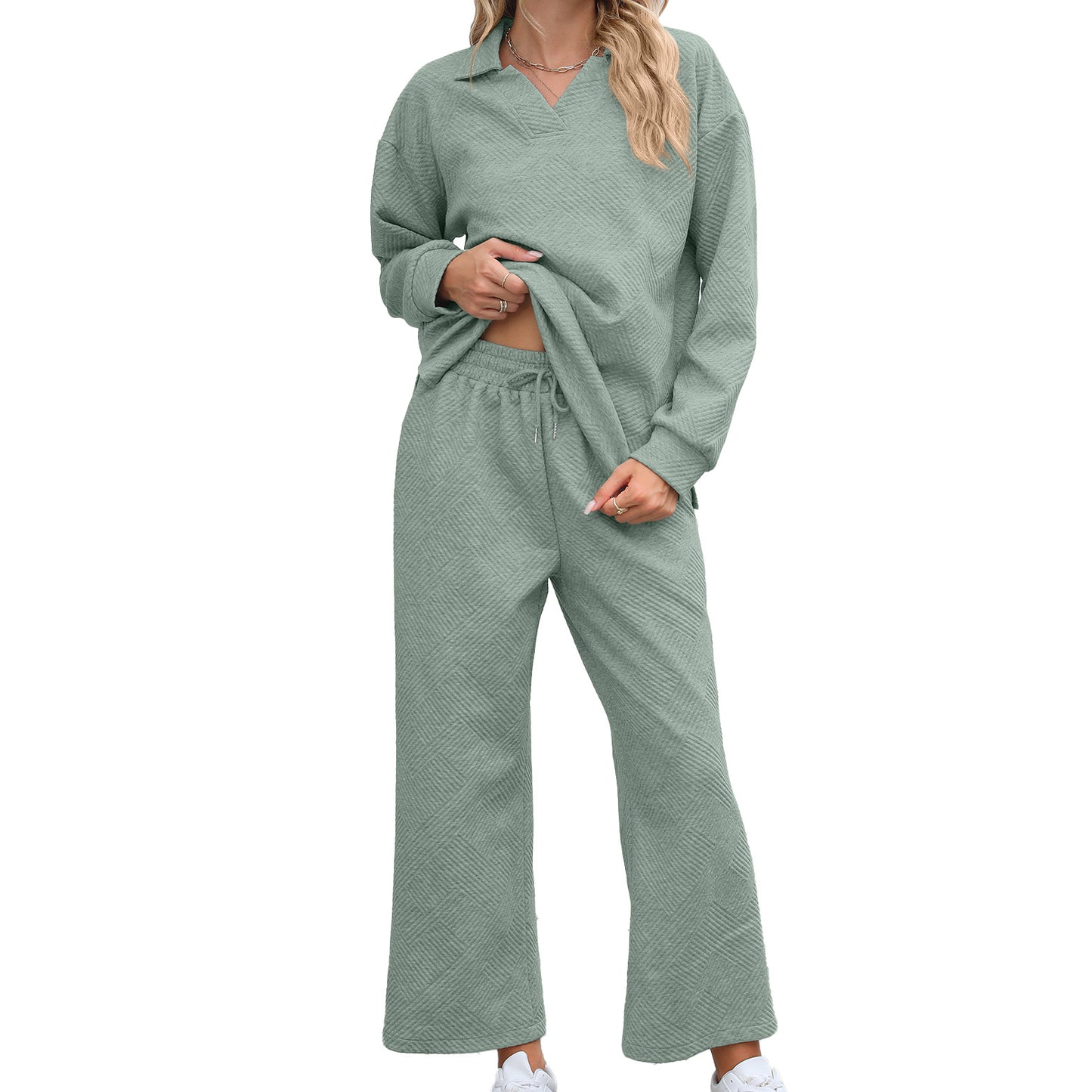 Solid Color Turn-down Collar Long Sleeve Hoodie with Elastic Waist Pants Set by eprolo