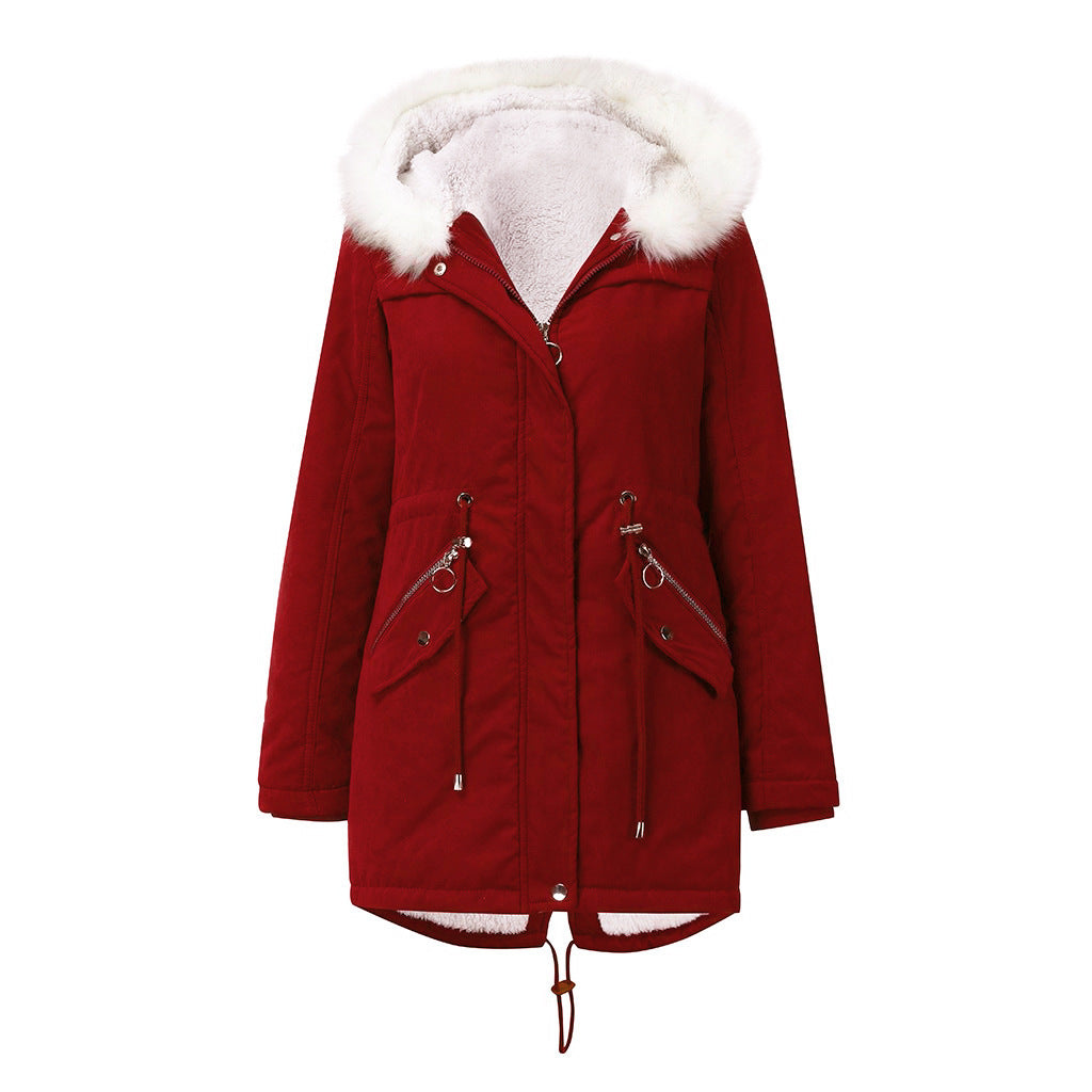 Women's Cotton-padded Coat White Fur Collar Parka by My Store
