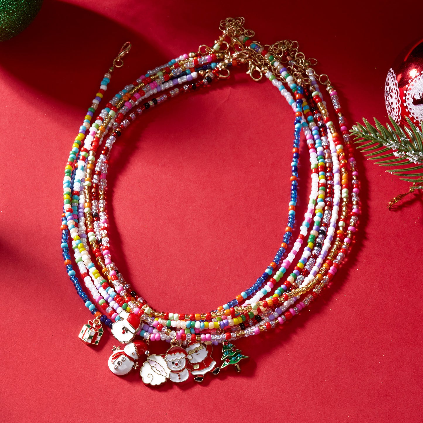 Christmas Cartoon Santa Bell Snowman Snowflake Pendant Colorful Seed Bead Necklace for Women by eprolo