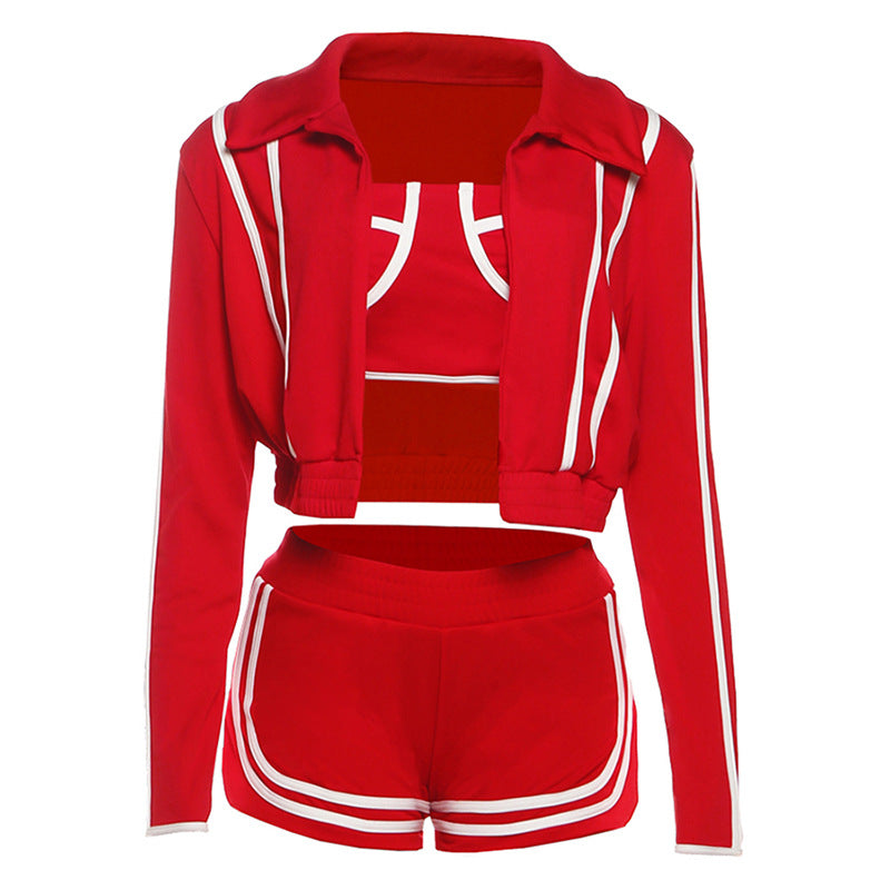Fashionable Long Sleeve Turn-Down Collar Outerwear with Strap Inner Top and Slim Fit Sport Shorts Set for Women by eprolo