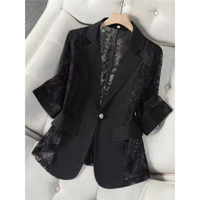 Solid color lace patchwork small suit jacket for women's top by eprolo