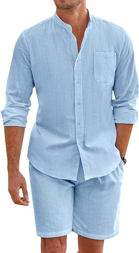 Casual Men's Summer Two-Piece Set Polyester Button-Up Long Sleeve Shirt and Shorts Cardigan Simple Leisure Beachwear by eprolo