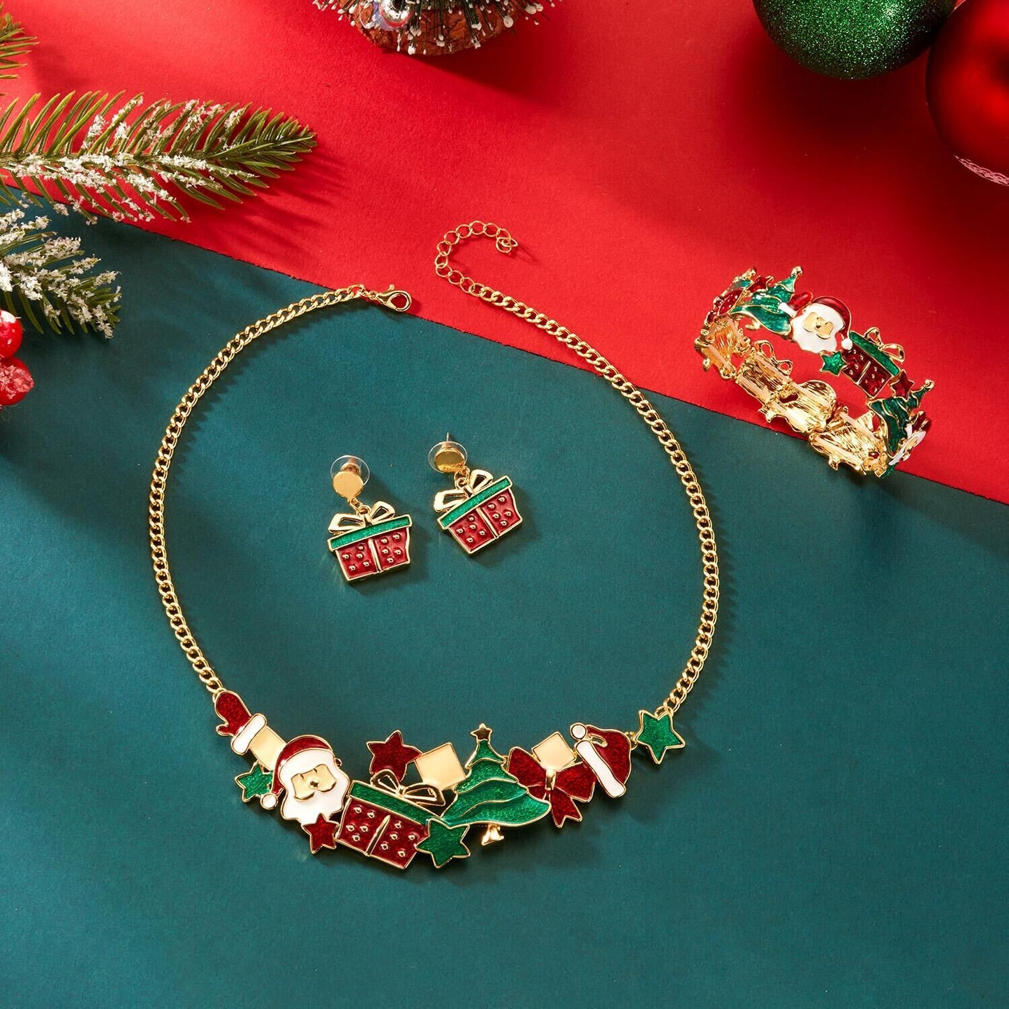 Style Christmas Necklace Gift Set, Santa Claus & Christmas Tree Pendant, Cute Cartoon Holiday Jewelry, Neck and Wrist Accessories by eprolo