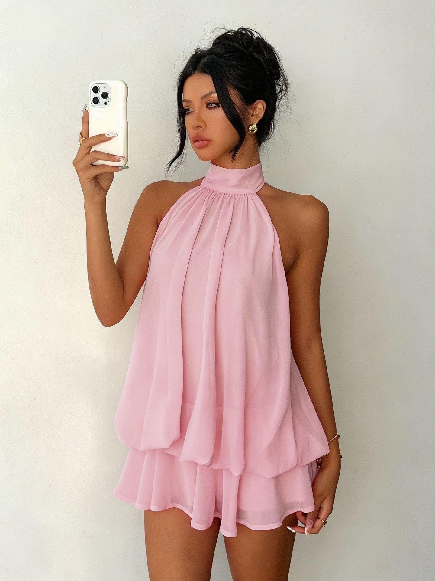 Women's vacation fitted sexy backless halter neck tie-waist dress with puffy short skirt by eprolo