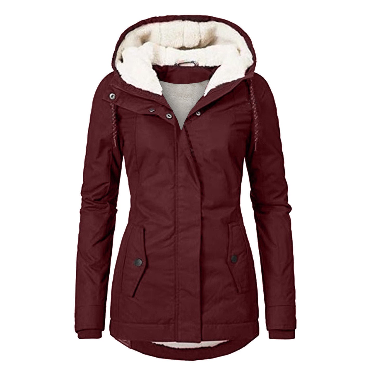 Winter Hooded Jacket Solid Color Warm Buckle Zip-up Fleece Jacket With Pockets Women's Casual Jacket by My Store