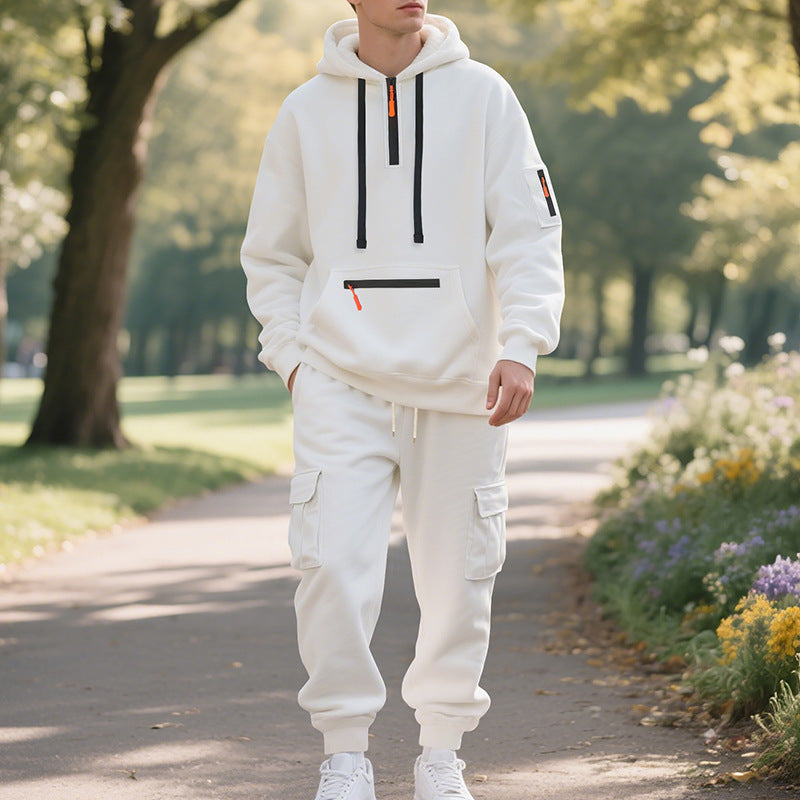 Men's Loose Sports And Leisure Suit Sweater Fleece-lined Hoodie Set Zipper Multi-Pocket Pullover Men's Sports Casual Top Two-piece Set by My Store