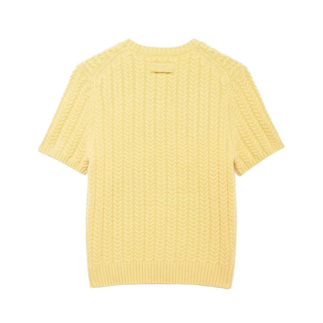 Stylish round neck short sleeved eight strand braided yellow knitted sweater for women by eprolo