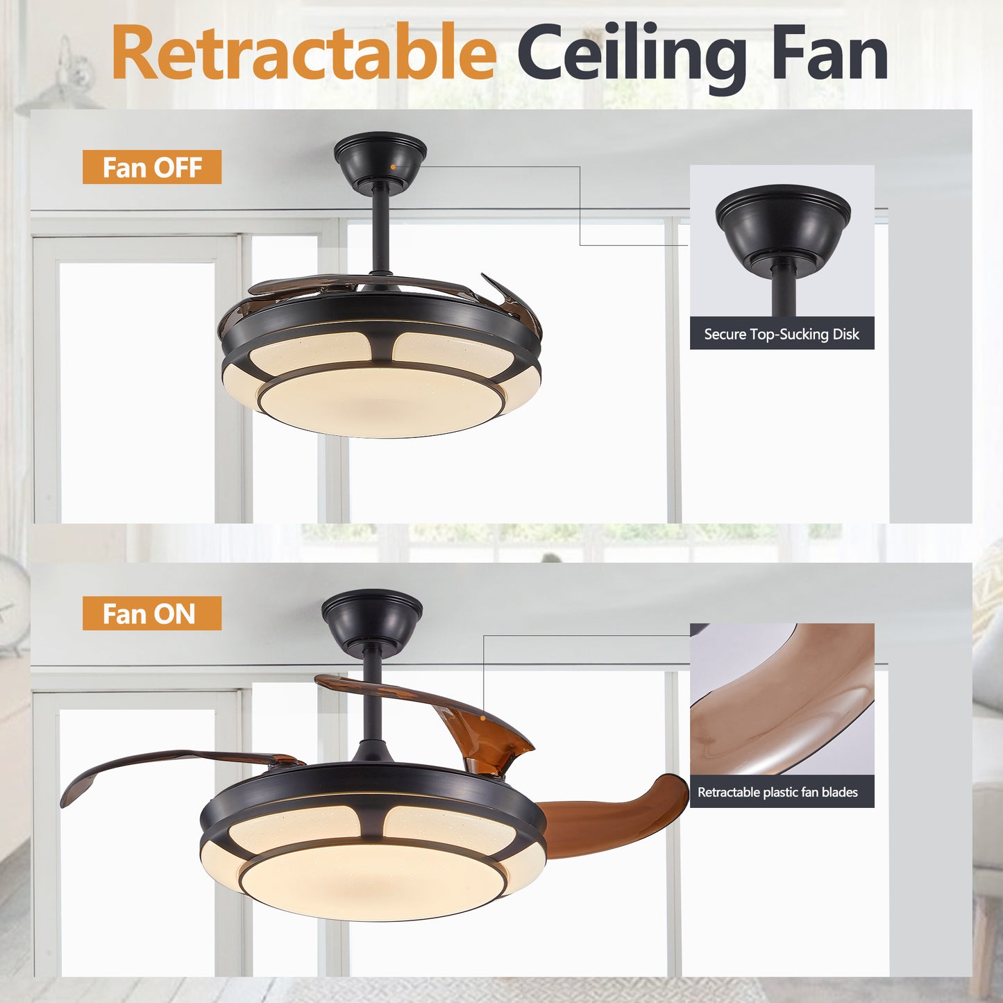 Modern Minimalist Invisible Ceiling Fan Light - Retractable Fan With LED Fixtures - For Living Room, Bedroom and Dining room by eprolo