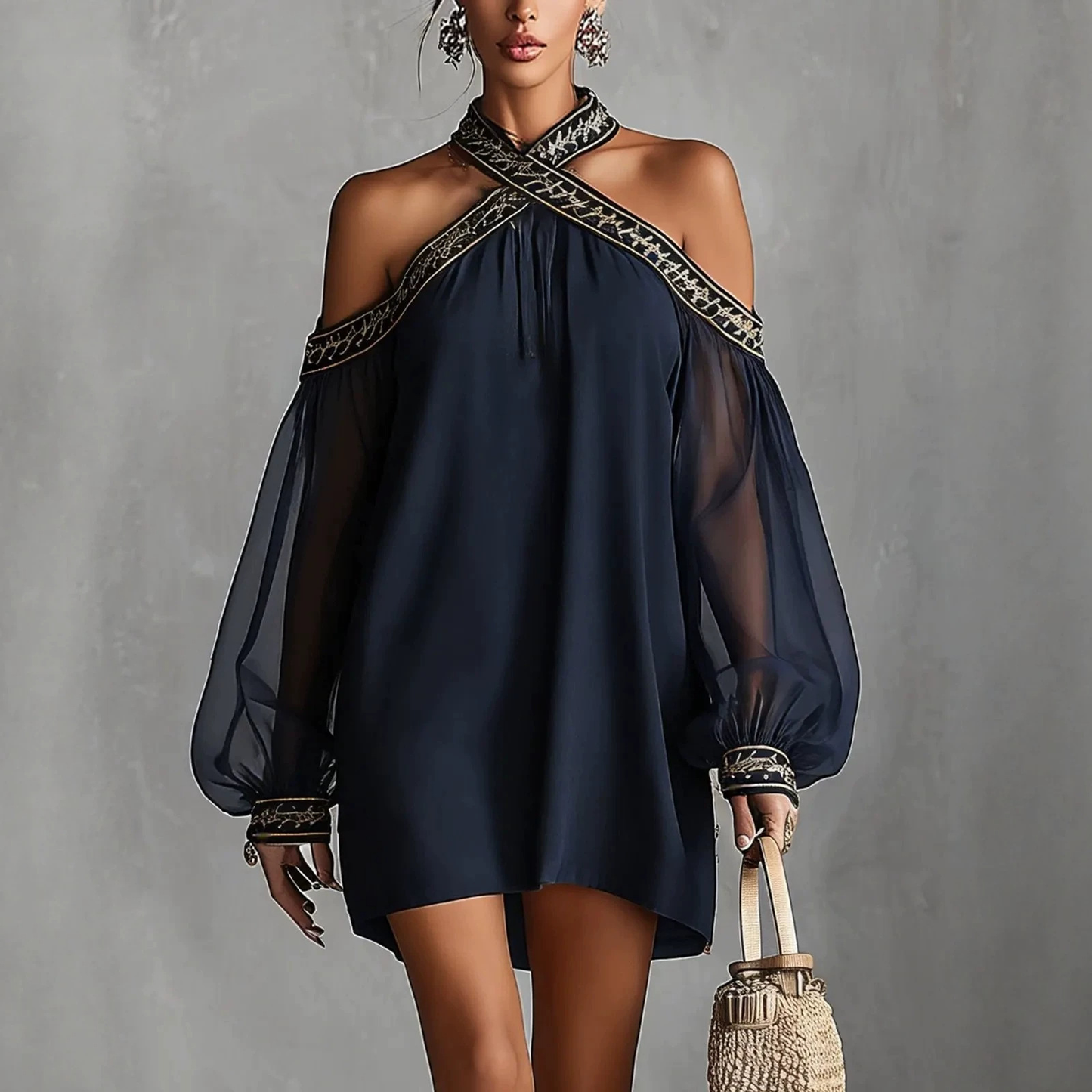 Fashion Design Embroidered Strapless Dress with Off-Shoulder Sheer Lantern Sleeve Loose Slimming Resort Style by eprolo