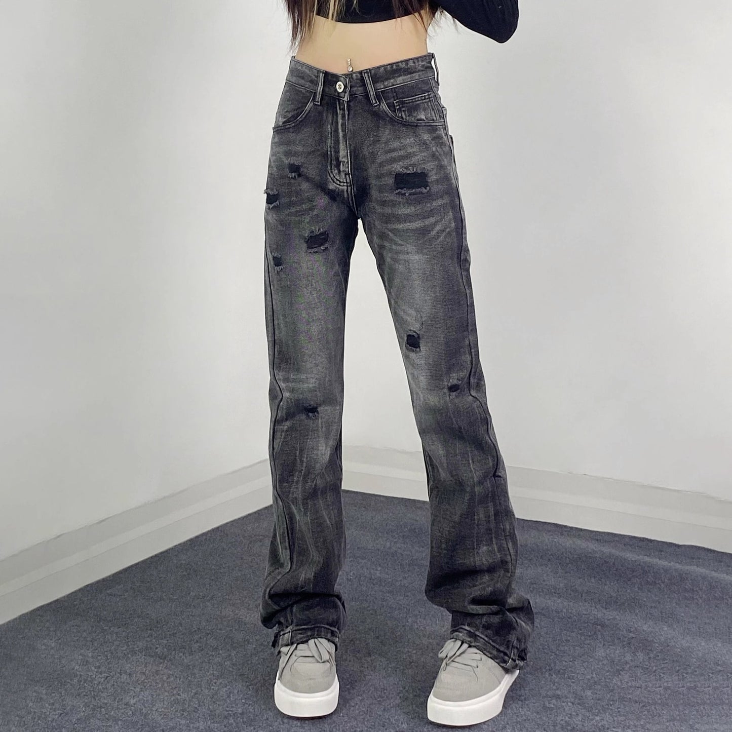 Street Style Retro Ripped Jeans for Women,INS Retro Fitted Slimming Flared Casual Pants by eprolo