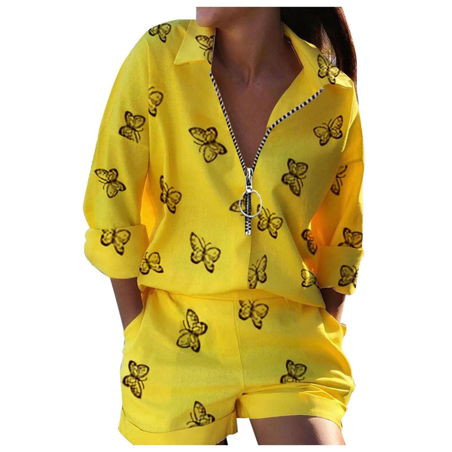 Fashionable Spring Women's Two-Piece Set with Long Sleeve Printed Zip-Up Top and Shorts by eprolo