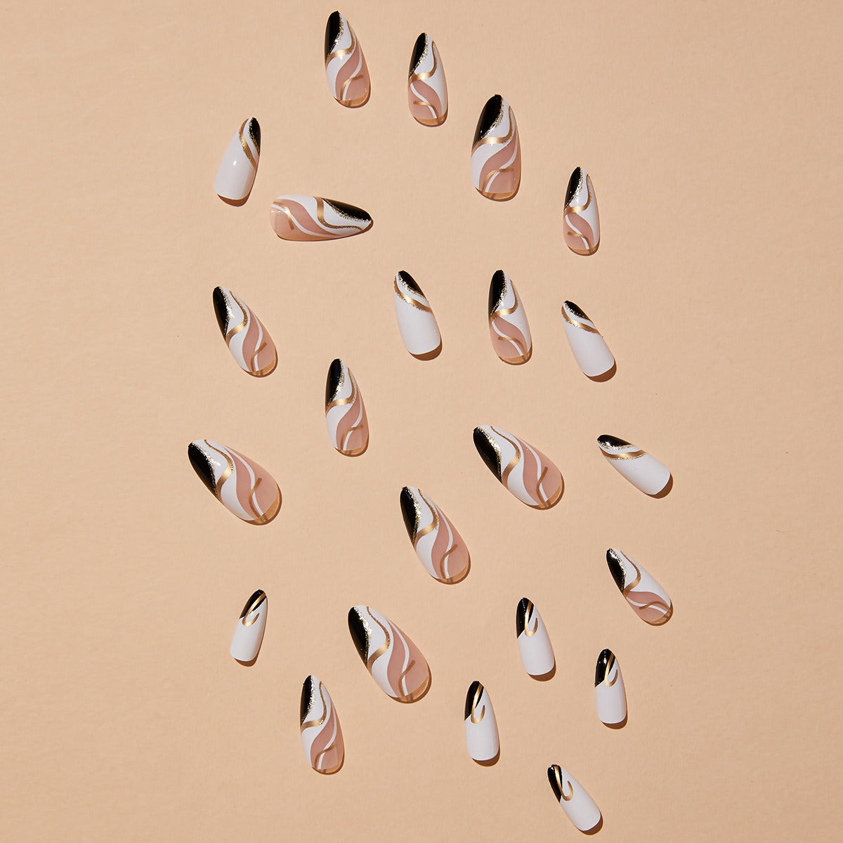 Almond-shaped French edge manicure, mandarin duck color gold corrugated fake nails finished product by eprolo