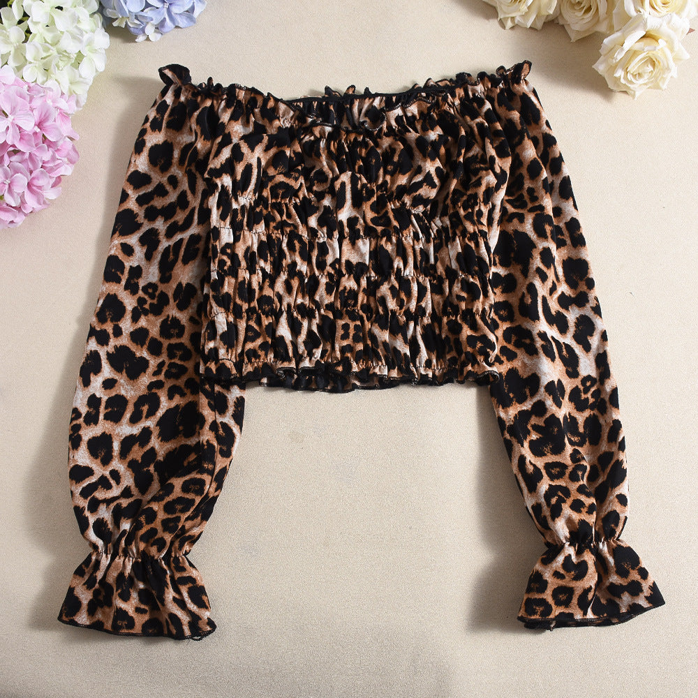 Black spotted leopard print long sleeved short skirt two-piece set for women by eprolo