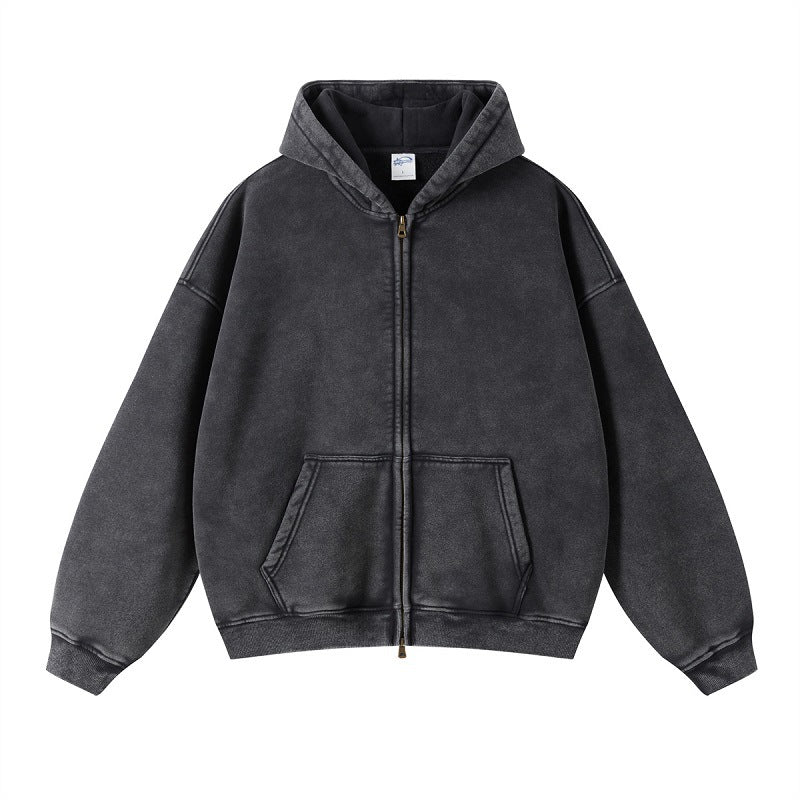 Solid color distressed fleece hoodie loose and versatile washed zipper sweatshirt for men by eprolo