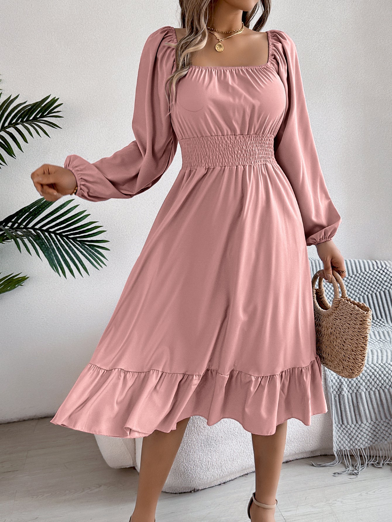 2026 Spring/Summer European and American Casual Solid Color Square Neck Long Sleeve Waist-Cinching Ruffle A-Line Dress Amazon Cross-Border Women's Clothing by DERILUJA LLC