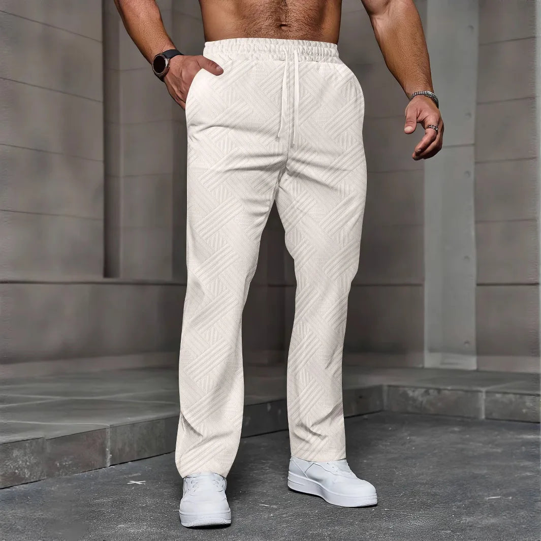 Men's sporty casual trousers, fashionable jacquard elastic waist street pants, solid-color loose all-season pants by DERILUJA LLC
