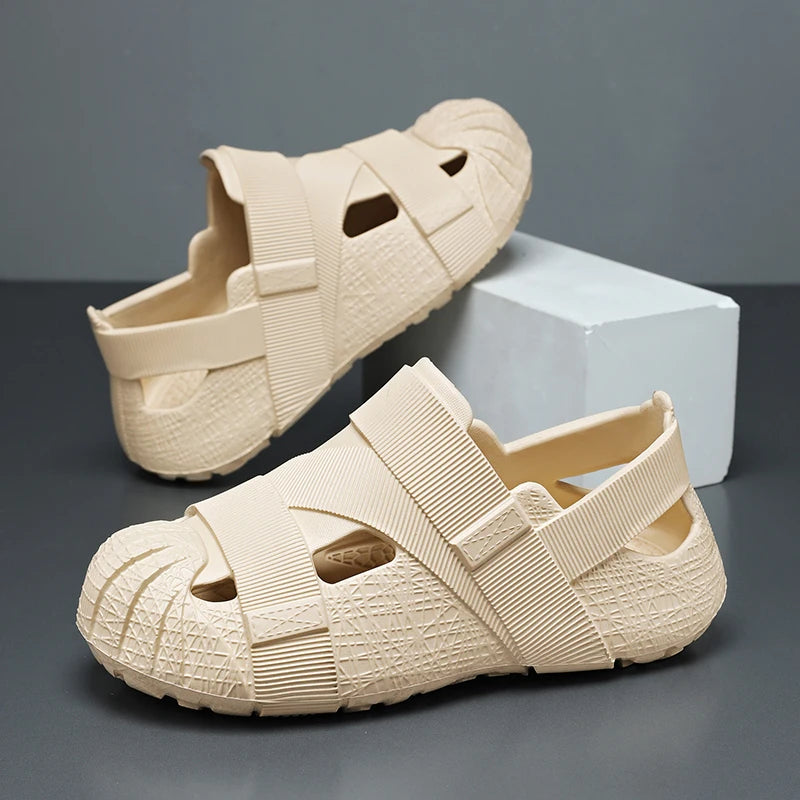 Summer Men's Outdoor Hollow Sandals Flat Bottom Non Slip Women's Garden Beach Breathable Soft Bottom Sneakers Large Sandals by DERILUJA LLC