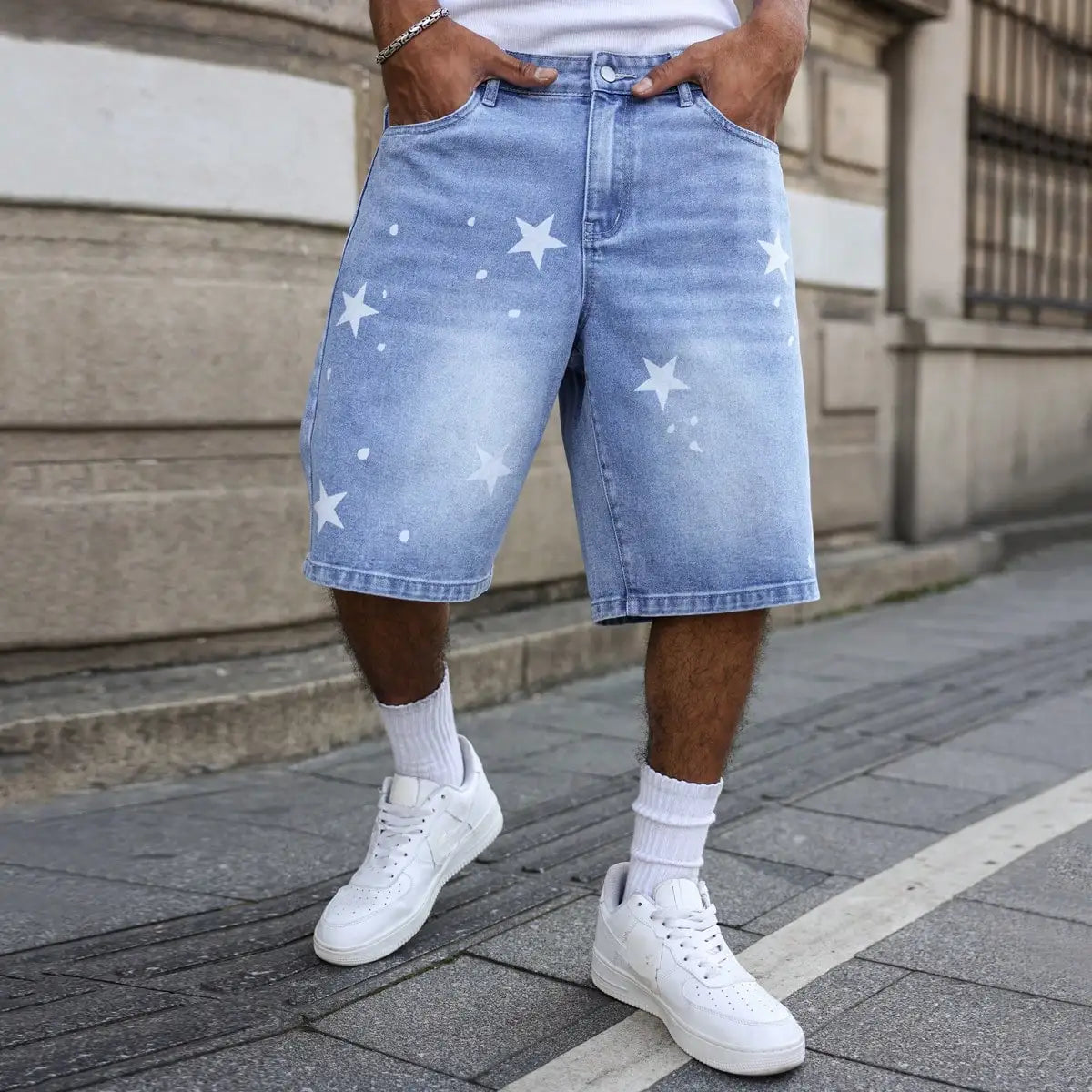 Men's blue denim shorts for spring and summer, with stars printed on the legs, are stylish and simple to match. by DERILUJA LLC
