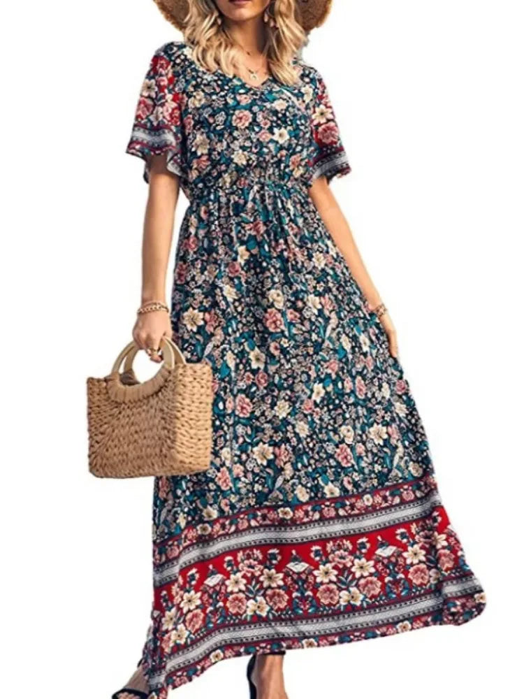 Maxi Dress Ladies V-neck Rayon Cotton Summer Boho Dresses Robe by DERILUJA LLC
