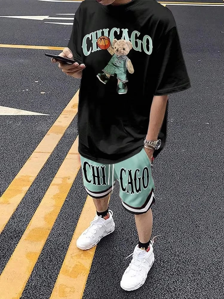 Cartoon Bear 3D Printed Men's Round Neck Short Sleeve 2-piece Set Urban Street Trendy Men's Top Outdoor Men's Drawstring Shorts by DERILUJA LLC