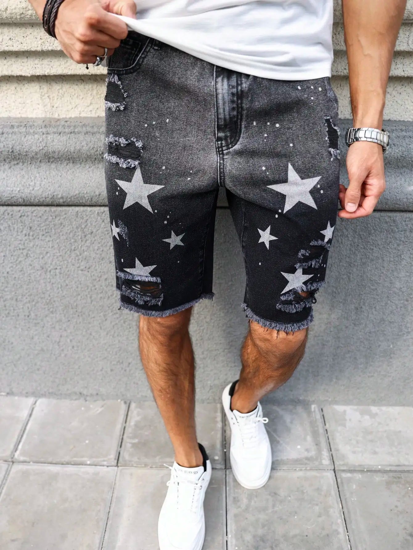 Men's summer denim printed shorts. Black - grey gradient color. Ripped details. Street - style trend. by DERILUJA LLC