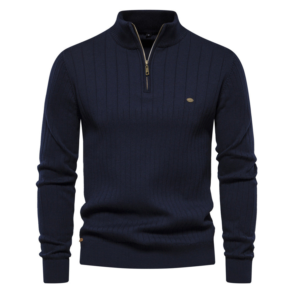 Men's Stand Collar Sweater Fashion Half-zipper Solid Color Striped Knit Sweater High Quality Slim Fit Top Clothing by My Store