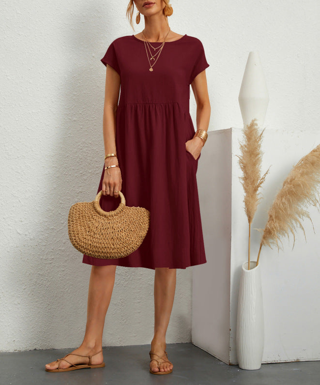 Summer Short-sleeved Dress With Pockets Fashion Solid Round Neck A-line Dresses For Women Clothing by DERILUJA LLC