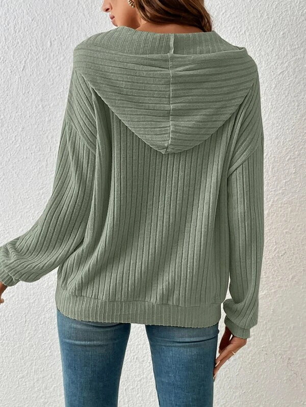 Fashion Drawstring Long-sleeved Hooded Sweatshirt With Pockets Solid Sunken Stripe Hoodie Knitwear Womens Clothing by DERILUJA LLC