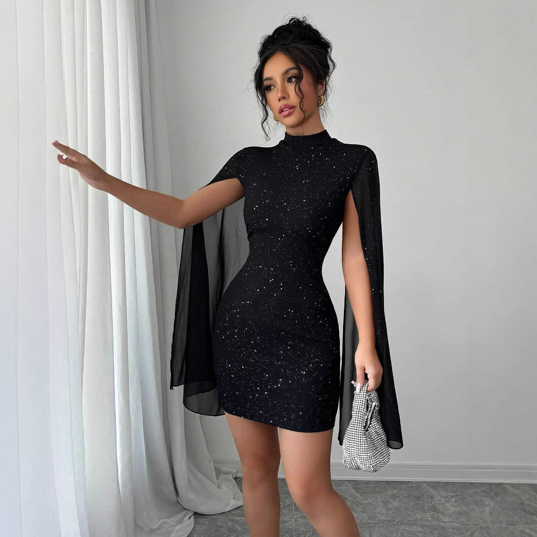 Women's Sexy Elegant Evening Party Dresses Round Neck Pit Stripe Pearl Chiffon Cape Sleeve Wrapped Hip Dress by DERILUJA LLC