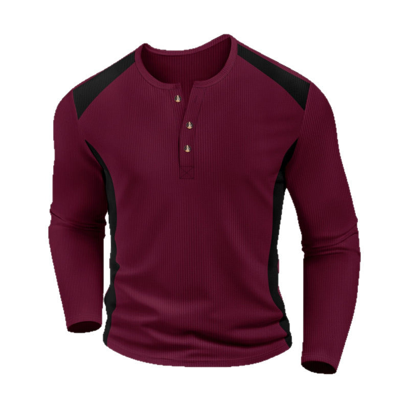 Men's Waffle-Weave Two-Tone Turtleneck Button-Up Long-Sleeve Top by DERILUJA LLC