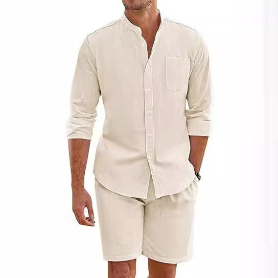 Casual Men's Summer Two-Piece Set Polyester Button-Up Long Sleeve Shirt and Shorts Cardigan Simple Leisure Beachwear
