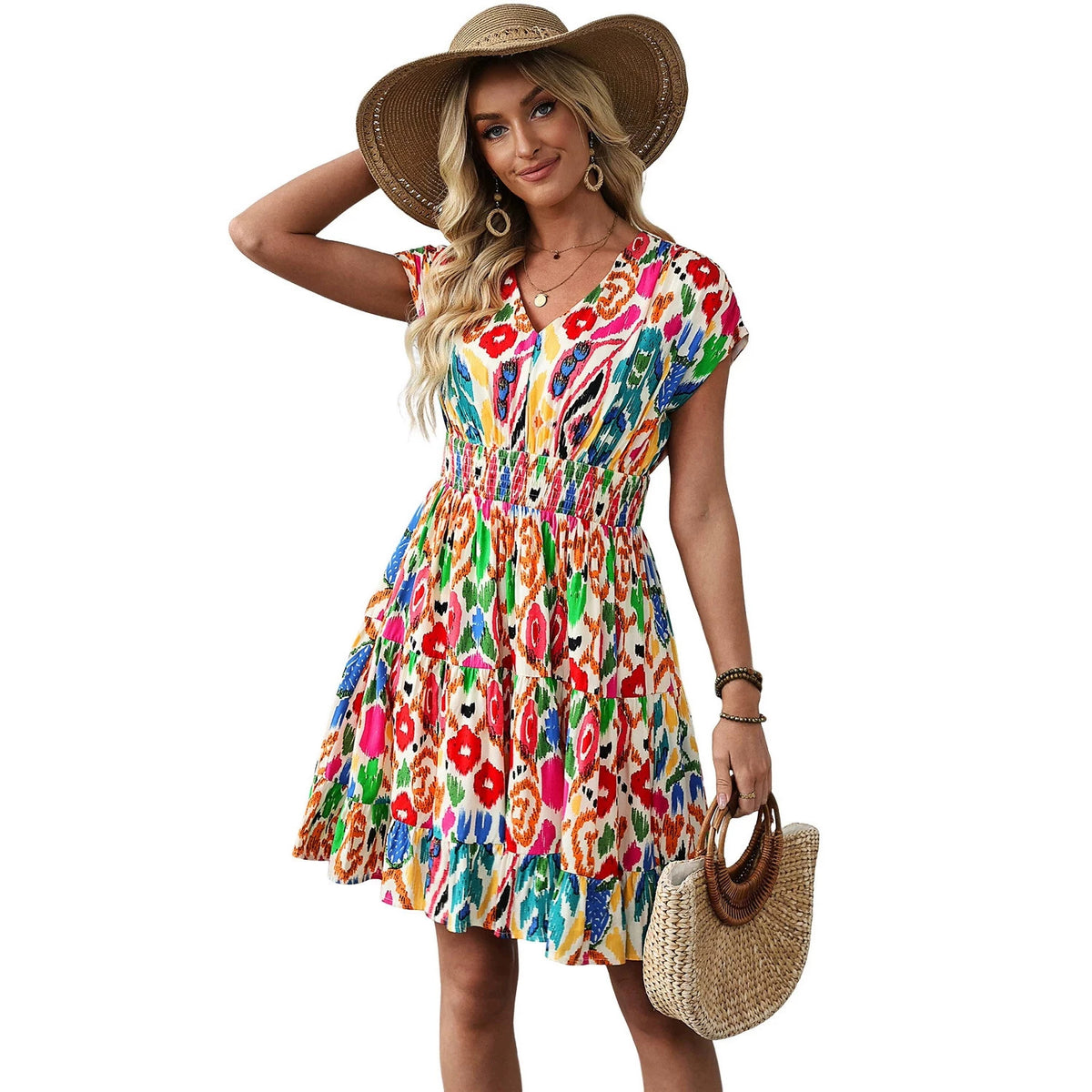 Printed French-Style Elegant V-Neck Dress by DERILUJA LLC