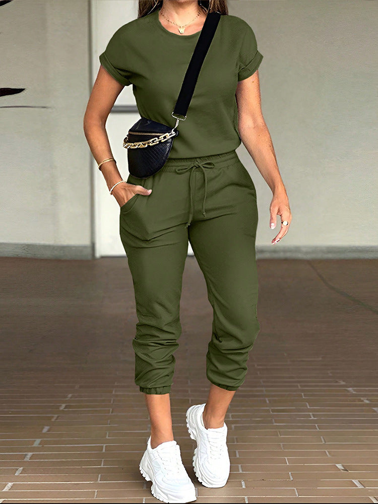 Womens Cross-Border Foreign Trade Fashion Casual Women's Clothing Hot-Selling Solid Color Round Neck Top Pocket Pants Set In Stock by DERILUJA LLC