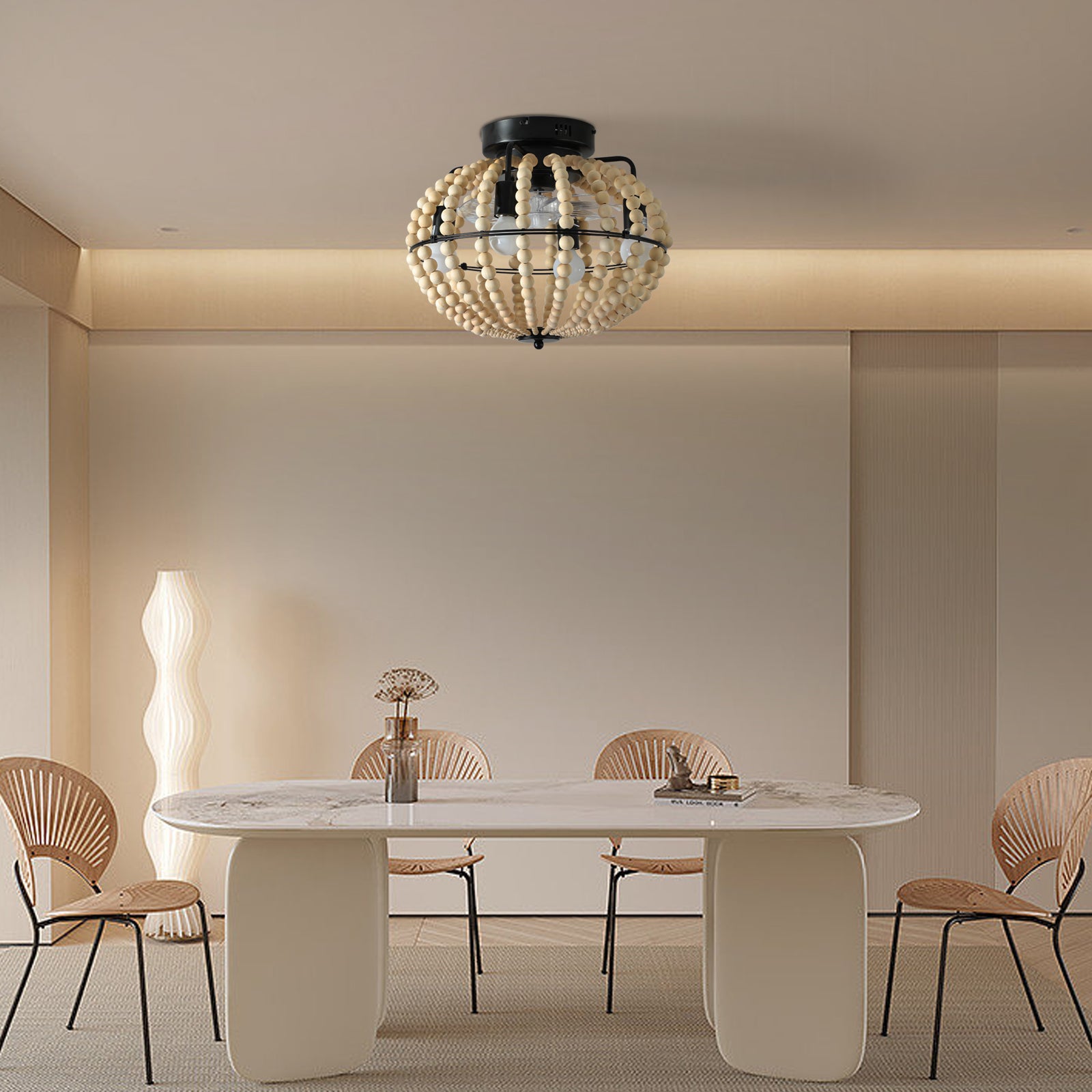Beaded Fan lamp Wood Beaded Chandelier Oak White by eprolo