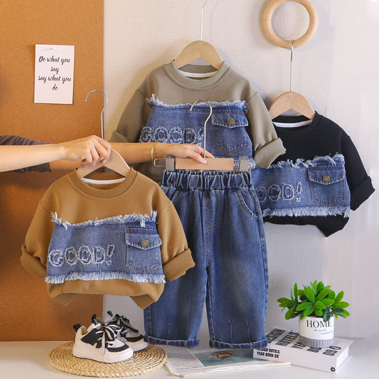 Splicing denim letter hoodie spring long sleeved two-piece set by eprolo