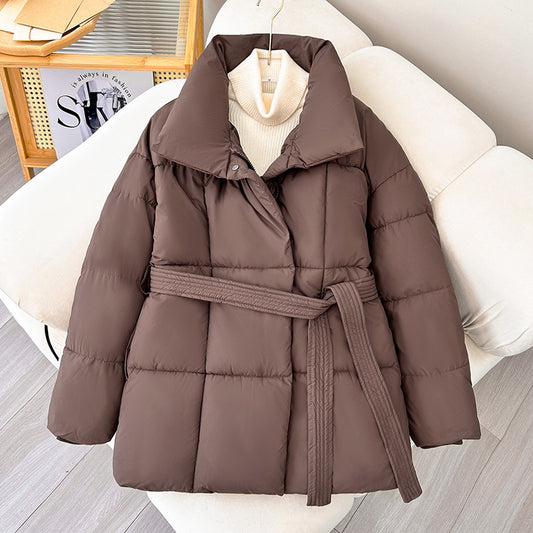 Winter Thick Stand Collar Parkas Women Fashion Tie Waist Short Coats Elegant New Solid Puffer Jackets Female Ladies Streetwear by eprolo