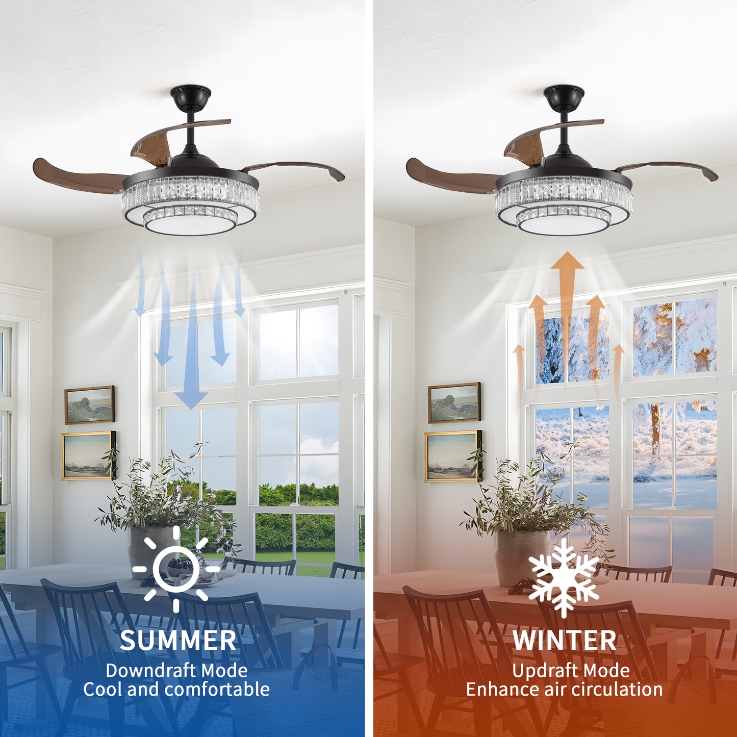Modern LED retractable ceiling fan with lighting and remote control, silent reversible motor, 4-blade modern ceiling fan by eprolo