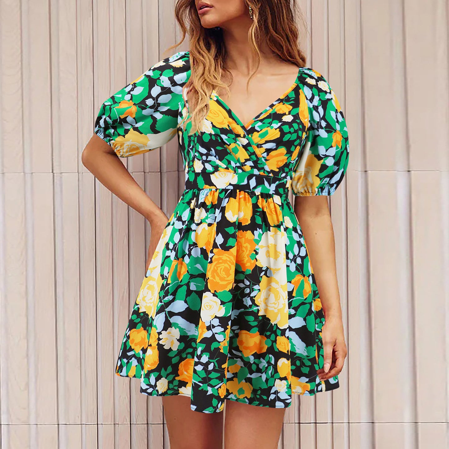 Flowers Print V-Neck Lantern-sleeve Dress Y2K Summer Vacation Beach Short Dresses Fashion Womens Clothing by DERILUJA LLC