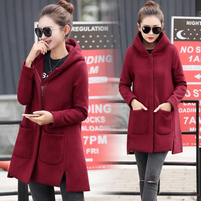 Fleece Long Hooded Coats women jacket