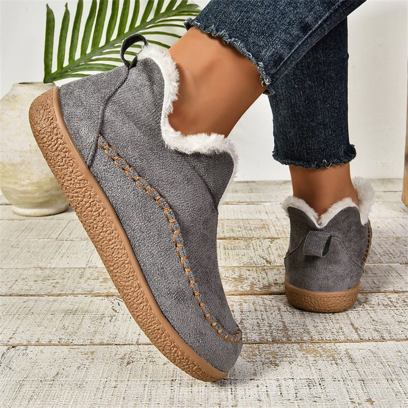 Fashion V-cut Plush Ankle Boots Winter Plus Velvet Flat Snow Boot Casual Warm Solid Suede Cotton Shoes For Women by DERILUJA LLC