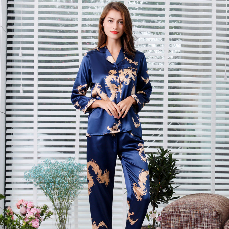 Simulated silk couple sleepwear new long sleeved set men's and women's V-neck silk printed dragon and phoenix home clothes by eprolo