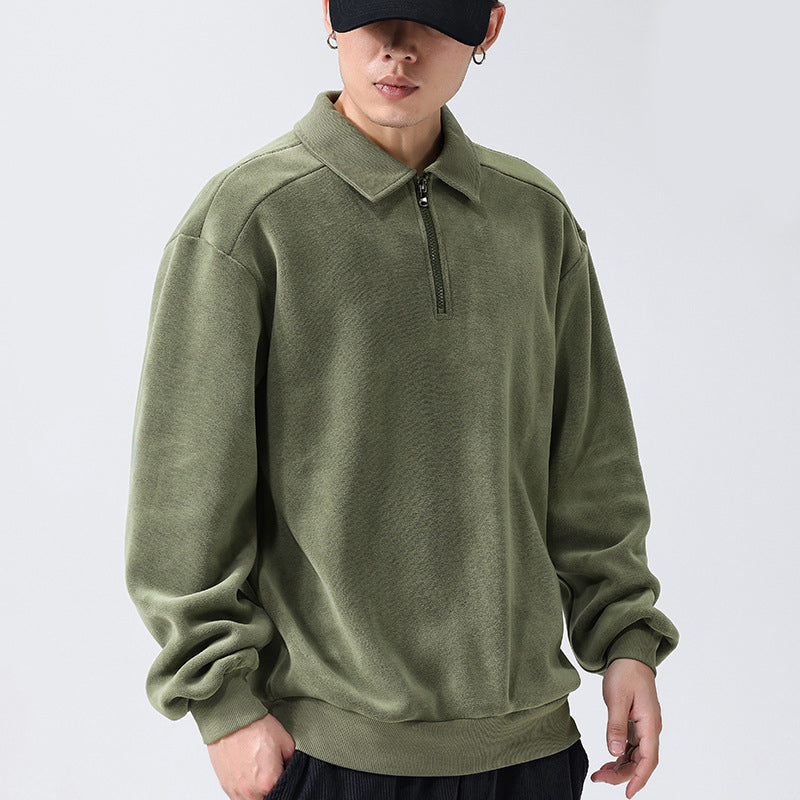 Fashion Lapel Half-zip Sweatshirt Winter Warm Fleece Long Sleeve Top Men's Clothing by DERILUJA LLC