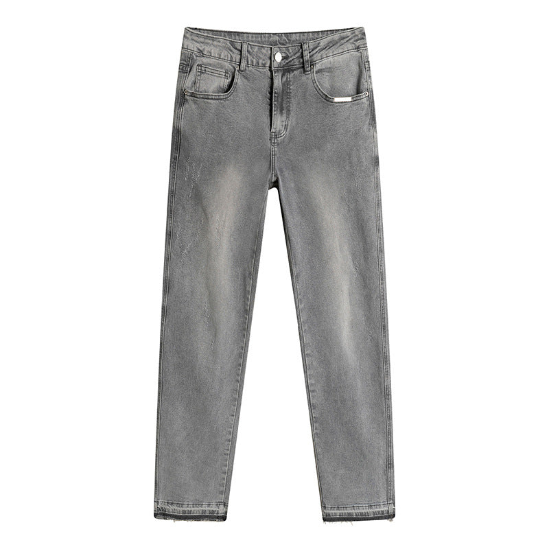 High-Quality Washed Light Gray Distressed Solid Color Denim Jeans with Raw Hem, Basic Casual Long Pants by eprolo