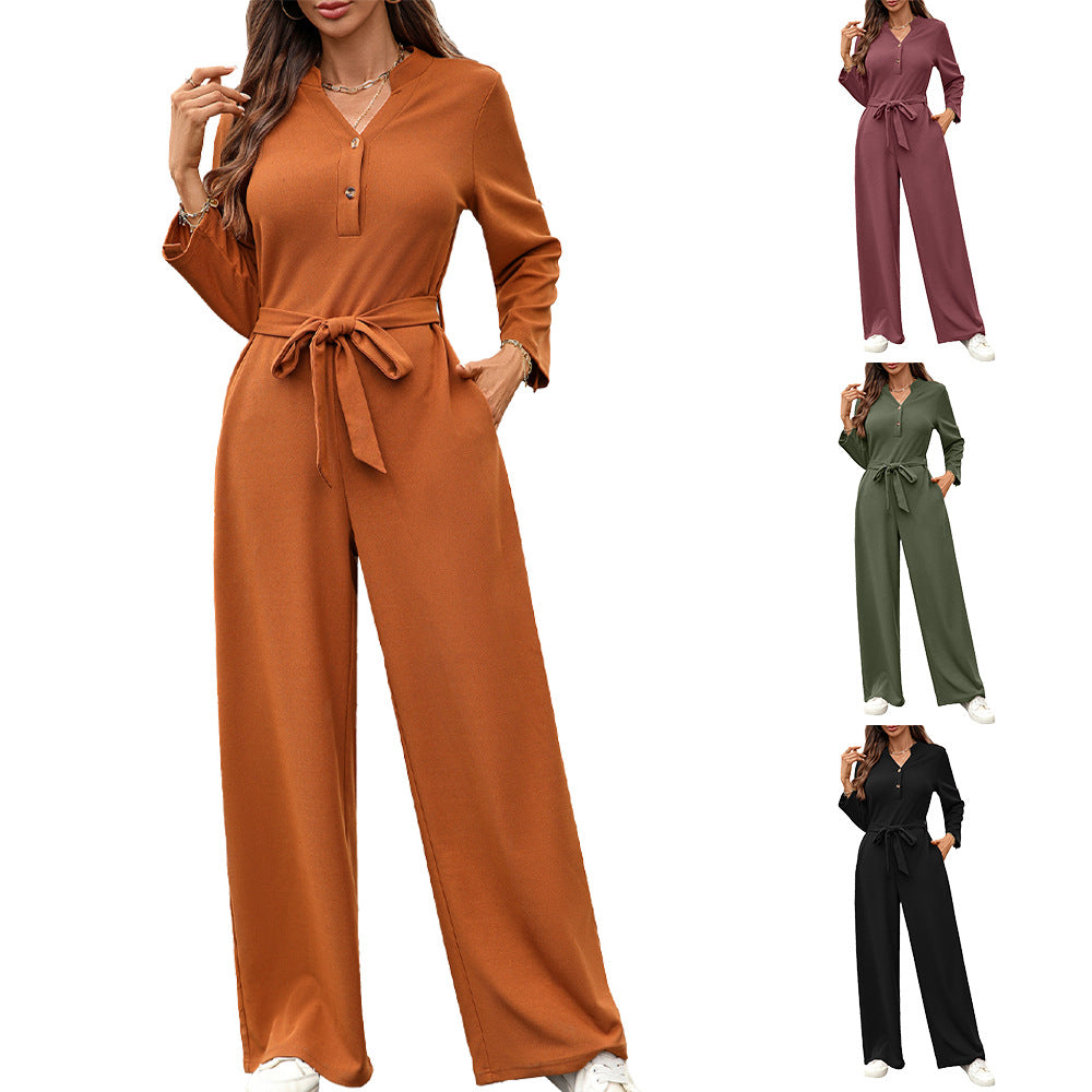 Solid color high waisted button up long sleeved loose jumpsuit by eprolo